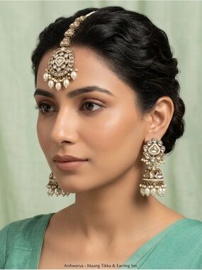 Kundan Jhumka & Maang Tikka Set | Mehndi Gold Pearl Bridal Jewelry